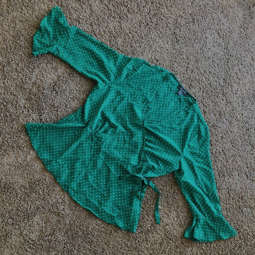 Green polka dot flowy flirty wrap top